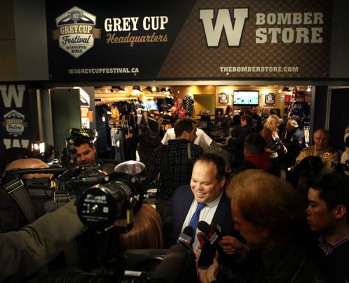 Wade Miller, Winnipeg Blue Bombers president and CEO in front of the 103rd Grey Cup headquarters and Bombers store in Winnipeg Square that was also officially opened Friday.  Wayne Glowacki / Winnipeg Free Press Dec.5 2014