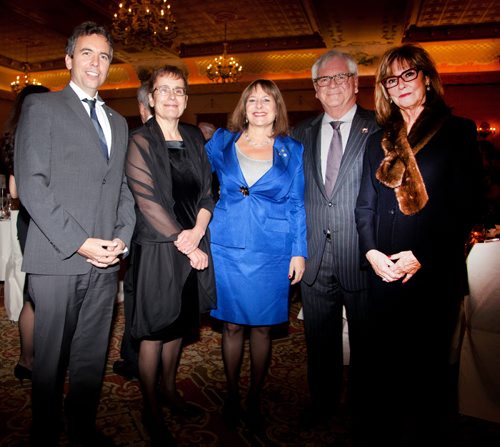 The University of Winnipeg¬¹s annual Duff Roblin Award Dinner was held at the Fort Garry Hotel on Nov. 18, 2014. Gail Asper received the award, which recognizes Manitobans for their commitment to education and community. Pictured, from left, are Brian Daley (University of Winnipeg Foundation CEO), Annette Trimbee (U of W president), Asper, Bob Kozminski (U of W vice-chairman) and Deirdre Kozminski. (JOHN JOHNSTON/ WINNIPEG FREE PRESS)