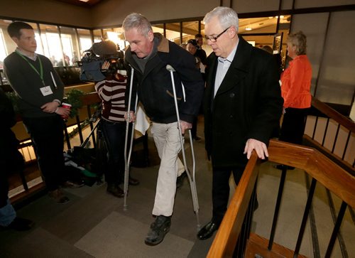 Premier Greg Selinger arrives at todays provincial council meeting, Saturday, December 6, 2014. (TREVOR HAGAN/WINNIPEG FREE PRESS)