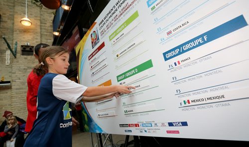 The 2015 FIFA Women's World Cup draw is filled in during a viewing party at The Forks, Saturday, December 6, 2014. (TREVOR HAGAN/WINNIPEG FREE PRESS)