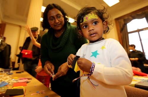 Madu Galappaththi and her daughter, Amanda, 2, playing with crafts during an open house at the Manitoba Legislative Building, Saturday, December 6, 2014. (TREVOR HAGAN/WINNIPEG FREE PRESS) - confirm name spelling is Galappaththi