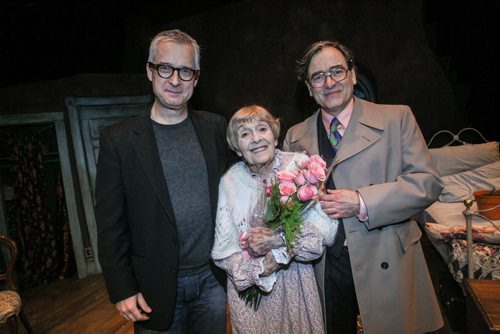 Doreen Brownstone, the 92-year-old actress gives her final main stage bow Sunday, at the closing performance of Vigil by Morris Panych at Prairie Theatre Exchange.   PTE artistic director Robert Metcalfe (left) and actor Michael Spencer-Davis (right) after Metcalfe presented Doreen with some flowers as she finished over five decades of performing on Winnipeg stages.  141207 - Sunday, December 07, 2014 -  (MIKE DEAL / WINNIPEG FREE PRESS)