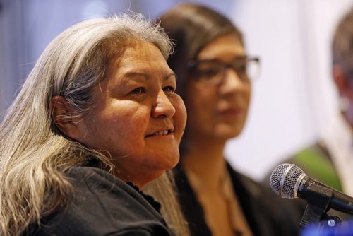 local - energy east pipeline (left ) Chickadee Richard an aboriginal woman from Sandy Bay First Nation expressed concerns over chemical pollution on aboriginal peoples .Beside her is Sadie Lavoire from Idle No More also expressed    opposition to energy east pipeline news conference at the U of W. At  the University of Winnipeg - Lockhart Hall . Dec. 8 2014 /KEN GIGLIOTTI / WINNIPEG FREE PRESS