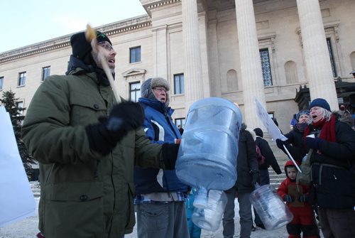 Aprx 100 residents from Shoal Lake showed up at the Manitoba Legislature for a rally Monday afternoon- Shoal Lake is the source of Winnipegs drinking water, but the First Nation has been on a boil water advisory for over 15 years.  See Bruce Owen story-  Dec 08, 2014   (JOE BRYKSA / WINNIPEG FREE PRESS)