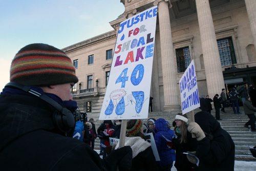 Aprx 100 residents from Shoal Lake showed up at the Manitoba Legislature for a rally Monday afternoon- Shoal Lake is the source of Winnipegs drinking water, but the First Nation has been on a boil water advisory for over 15 years.  See Bruce Owen story-  Dec 08, 2014   (JOE BRYKSA / WINNIPEG FREE PRESS)