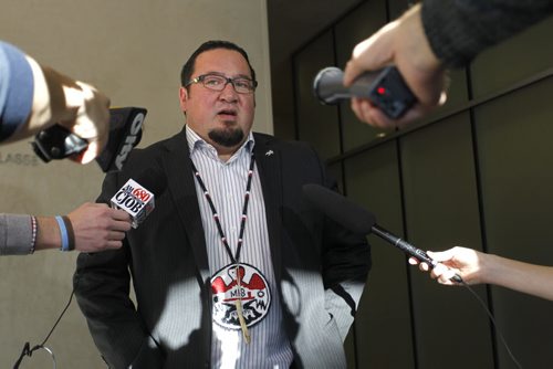 Grand Chief Derek Nepinak speaks to media Monday in the Canadian Human Rights Museum regarding the  Assembly of Manitoba Chiefs Families First approach.  A  call to action on missing and murdered Indigenous women and girls.   Alex Paul story.   Wayne Glowacki / Winnipeg Free Press Dec.8 2014