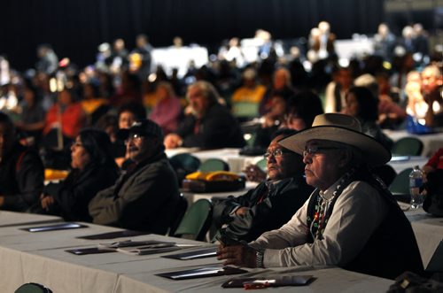 With hat, Chief Wallace Fox, Onion Lake First Nation (SK) was among the Chiefs and proxies attending the Assembly of First Nations, Special Chiefs Assembly: the Election of National Chief held in the RBC Convention Centre Winnipeg. Mary Agnes Welch story. Wayne Glowacki / Winnipeg Free Press Dec.9 2014