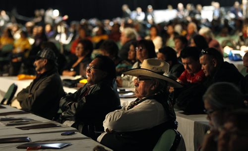 With hat, Chief Wallace Fox, Onion Lake First Nation (SK) was among the Chiefs and proxies  attending the Assembly of First Nations, Special Chiefs Assembly: the Election of National Chief held in the RBC Convention Centre Winnipeg. Mary Agnes Welch story. Wayne Glowacki / Winnipeg Free Press Dec.9 2014