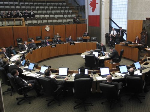 The first regular city council meeting of the new council Wednesday. Aldo Santin  story. Wayne Glowacki / Winnipeg Free Press Dec.10 2014