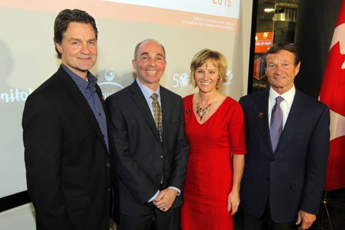 LOCAL - Press conference - Support for phase II of the Sport for Life Centre and update on Canada Games 2017. Jeff Hnatiuk. President and Chief Executive Officer /Sport Manitoba, Jeff Palamar, char, board of directors, Sport Manitoba, Co-Chair 2017 Host Society Mariette Mulaire (in red) and Hubert Mesman, co-chair of the Winnipeg bid committee. BORIS MINKEVICH / WINNIPEG FREE PRESS December 15, 2014