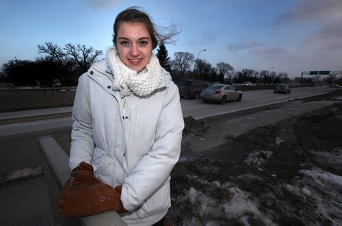 Stéphanie Demers poses along Dunkirk near Kingston Rd, the 18 year old nursing student, who saw an elderly person wandering on the road Saturday night and looked after the coatless man -- who tuned out to be dementia-afflicted  until police could get there. See Gord Sinclair story. December 15, 2015 - (Phil Hossack / Winnipeg Free Press)