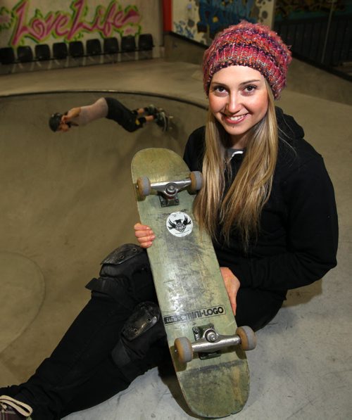 Jasmine Bohémier is a high school French, home economics teacher, and extreme sports enthusiast, who has volunteered for the past 10 years at the Edge Skatepark. Jasmine helps out with the Monday evening skateboard session at the Edge that is for girls only. See Aaron Epp story.  December 15, 2015 - (Phil Hossack / Winnipeg Free Press)