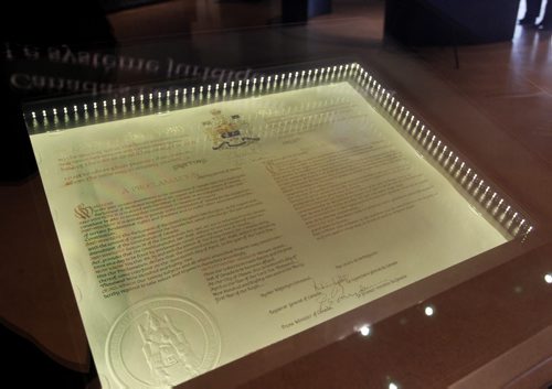 The 1982 Proclamation of the Constitution document behind glass and light protected smart glass technology so the document is protected from excessive light, preserving the ink signatures from degradation.  The Canadian Museum for Human Rights is displaying the  rarely loaned, historic documents from Library and Archives Canada in the Protecting Rights in Canada gallery. Ashley Prest story Wayne Glowacki / Winnipeg Free Press Dec.17 2014