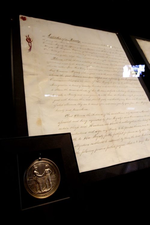 The Western Treaty No.1, 1871 and the Chiefs Medal commemorating numbered Treaties 3 to 8, 1873-1899,  the Canadian Museum for Human Rights is displaying the  rarely loaned, historic documents from Library and Archives Canada in the Protecting Rights in Canada gallery. Ashley Prest story Wayne Glowacki / Winnipeg Free Press Dec.17 2014