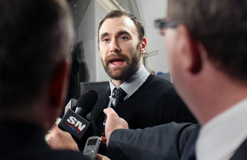 Winnipeg Jets new defenceman Jay Harrison meets the media in Winnipeg for the first time this afternoon at MTS Centre- He will be quickly dropped into the lineup against the Boston Bruins tonight in Winnipeg- See Tim Cambell Story  Dec 19, 2014   (JOE BRYKSA / WINNIPEG FREE PRESS)