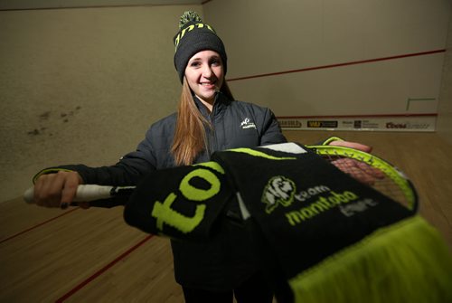 Jessica Buchel, a squash player for Team Manitoba, wearing some of the Mondetta Clothing that has been provided to the team, Saturday, December 20, 2014. (TREVOR HAGAN/WINNIPEG FREE PRESS) - for kirbyson story