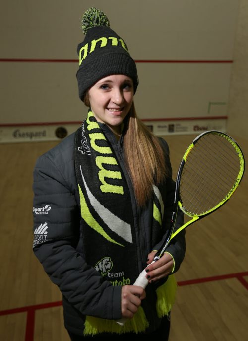 Jessica Buchel, a squash player for Team Manitoba, wearing some of the Mondetta Clothing that has been provided to the team, Saturday, December 20, 2014. (TREVOR HAGAN/WINNIPEG FREE PRESS) - for kirbyson story