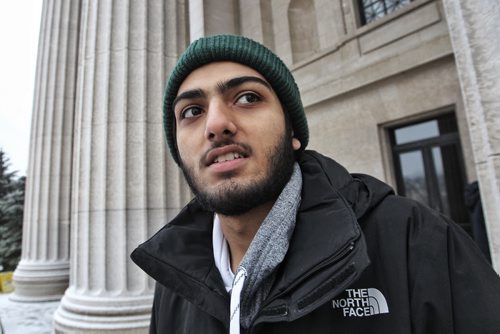 Qasim Warraich along with members of the Pakistan muslim community gathered at the Manitoba Legislative Building to condemn the attack on the school in Pakistan.  141221 December 21, 2014 Mike Deal / Winnipeg Free Press
