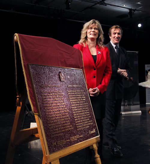 Shelly Glover,MP, announced the designation of the Royal Winnipeg Ballet as a national historic event. She is with Andre Lewis, Artistic Director of the RWB by the Historical Sites and Monuments Board of Canada plaque that was unveiled Tuesday.  Wayne Glowacki / Winnipeg Free Press Dec.23 2014