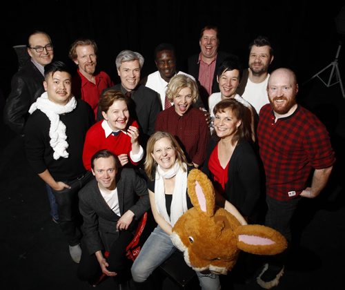 Ent. For a story on the Theatre Projects Manitoba production called White Rabbit, Red Rabbit.  Artistic director Ardith Boxall  is holding the rabbit's head with some of the actors taking part in the production. From left to right in front is Tom Keenan and Janice Skene, second row is Loc Lu, Sarah Constible, Sharon Bajer, Shawna Dempsey and Carson Nattress. Back row is Ian Ross, Arne McPherson, Gord Tanner,  Bathelemy Bolivar, Leith Clark and  Stephen Sim. The story is that every night a lone actor will show up on stage and be given the script they have never seen before and then perform it on the spot. Each night a different actor will perform.  Kevin Prokosh story. Wayne Glowacki / Winnipeg Free Press Dec.23 2014