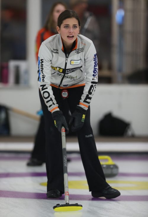 Shannon Birchard gives instructions during the 2015 Junior Provincial Curling Championships at the Assiniboine Memorial Curling Club, Friday, December 26, 2014. (TREVOR HAGAN/WINNIPEG FREE PRESS)