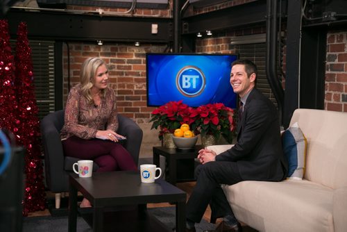 Bowman starts his work day on the set of Breakfast Television at CityTV to talk about his first 50 days in office with Courtney Ketchen.  December 15, 2014 (Melissa Tait / Winnipeg Free Press)