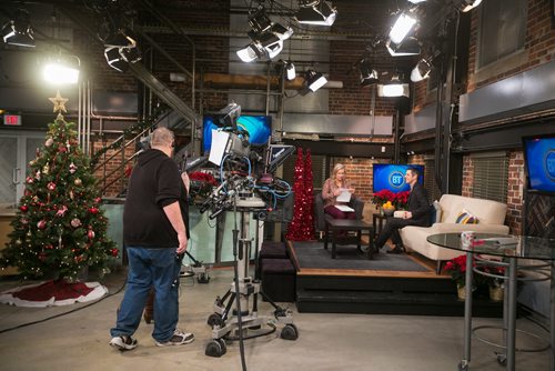 7:42:31 AM - BT Bowman starts his work day in the Breakfast Television studios at CityTV to talk about his first 50 days in office with Courtney Ketchen.  141215 - Monday, December 15, 2014 - (Melissa Tait / Winnipeg Free Press)