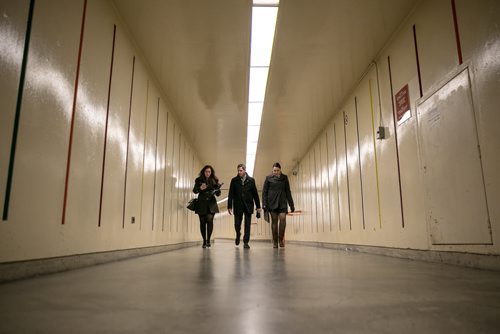 11:20:00 AM Bowman walks the tunnels under the Civic Centre with Johanna Wood and Erika Miller to the Sport for Life Centre, for the Winnipeg-hosted 2017 Canada Games event date announcement.  141215 - Monday, December 15, 2014 - (Melissa Tait / Winnipeg Free Press)