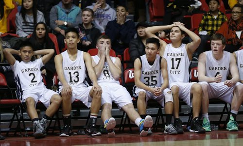 December 30, 2014 - 141230  - Garden City Fighting Gophers react as Oak Park Raiders score a three in the high school final game in the Wesmen Classic at the University of Winnipeg Tuesday, December 30, 2014.  John Woods / Winnipeg Free Press   John Woods / Winnipeg Free Press