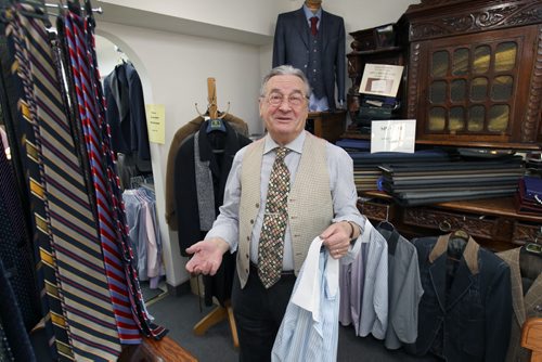 Mr. Serafino Falvo, who is celebrating his 30th year in biz this year (he's also toasting his 75th b-day and 50th wedding anniversary so big year for him...) -Falvo is a master tailor born in Italy, trained in Rome, who took his craft around the world (Australia, England, Scotland, South Africa) before settling in Winnipeg in 1974. He opened his own shop 10 years later, and is considered one of the premiere bespoke tailors in the country. -See Dave Sanderson feature  Dec 31, 2014   (JOE BRYKSA / WINNIPEG FREE PRESS)
