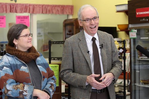 Steve Ashton's makes Campaign announcement at Local Meats  & Treats on St. Mary's Rd. explaining his significant actions in support of local and sustainable food Friday. Also in picture standing next to him is local farmer Louise May. Jan 02, 2015 / Winnipeg Free Press