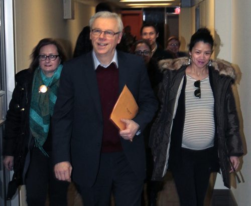 Premier Greg Selinger arrives with supporters at the NDP office Friday to sign up to become a candidate in the March NDP leadership race.  Larry Kusch story.  Wayne Glowacki / Winnipeg Free Press Jan. 2 2015