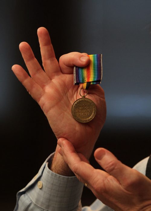 Winnipeg City Councillor Brian Mayes holds his Grandfather's Wold War One medal: wants the city to commemorate the 100th anniversary of WW1.   See Geoff Kirbyson's story.  Jan 03, 2015 Ruth Bonneville / Winnipeg Free Press