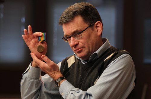 Winnipeg City Councillor Brian Mayes holds his Grandfather's Wold War One medal: wants the city to commemorate the 100th anniversary of WW1.   See Geoff Kirbyson's story.  Jan 03, 2015 Ruth Bonneville / Winnipeg Free Press