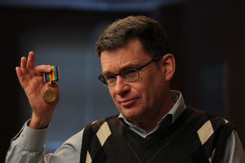 Winnipeg City Councillor Brian Mayes holds his Grandfather's Wold War One medal: wants the city to commemorate the 100th anniversary of WW1.   See Geoff Kirbyson's story.  Jan 03, 2015 Ruth Bonneville / Winnipeg Free Press