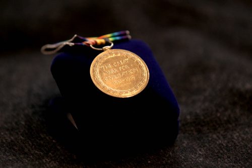 Winnipeg City Councillor Brian Mayes holds his Grandfather's Wold War One medal: wants the city to commemorate the 100th anniversary of WW1.   See Geoff Kirbyson's story.  Jan 03, 2015 Ruth Bonneville / Winnipeg Free Press