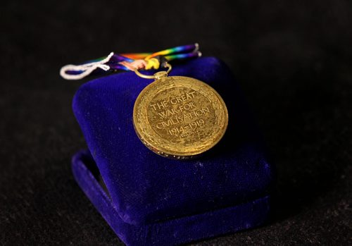 Winnipeg City Councillor Brian Mayes holds his Grandfather's Wold War One medal: wants the city to commemorate the 100th anniversary of WW1.   See Geoff Kirbyson's story.  Jan 03, 2015 Ruth Bonneville / Winnipeg Free Press