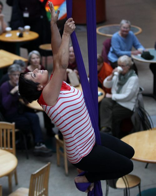 Daniella Ponticelli  from the Take Flight Aerial + Acrobatics Troupe performs aerial silks at a event where Winnipeg International Children's Festival announced Kidsfest headliners and 2015 initiatives Standup Photo- Jan 08, 2015   (JOE BRYKSA / WINNIPEG FREE PRESS)