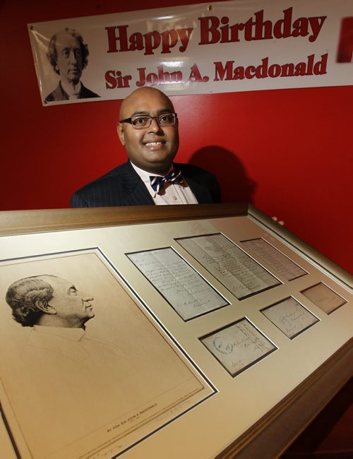 Bashir Khan with some of his collection of the nine original handwritten letters of Sir John A. Macdonald and a historical etching he displayed at an event put on by the Pakistan Canada Cultural Equation of Manitoba held to celebrate Sir John As upcoming Bicentennial Birthday (January 11, 1815  January 11, 2015). The luncheon talk was given to newcomers on Sir John As legacy as the father of Confederation. Carol Sanders story Wayne Glowacki Winnipeg Free Press Jan. 8 2015