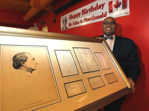 Bashir Khan with some of his collection of the nine original handwritten letters of Sir John A. Macdonald and a historical etching he displayed at an event put on by the Pakistan Canada Cultural Equation of Manitoba held to celebrate Sir John As upcoming Bicentennial Birthday (January 11, 1815  January 11, 2015). The luncheon talk was given to newcomers on Sir John As legacy as the father of Confederation. Carol Sanders story Wayne Glowacki Winnipeg Free Press Jan. 8 2015