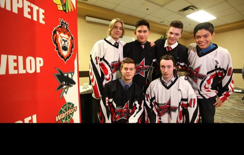 The Winnipeg AAA Hockey Council held a presser Thursday for its annual All-Star Weekend and announcing  this years six selected All-Star Players.  Names from top left: Riley Stotts (blond), Jett Woo, Eric Fawkes, Brayden Clark (far right) and bottom rowTyler Campbell and Nathan Hillis.    Jan 08, 2015 Ruth Bonneville / Winnipeg Free Press