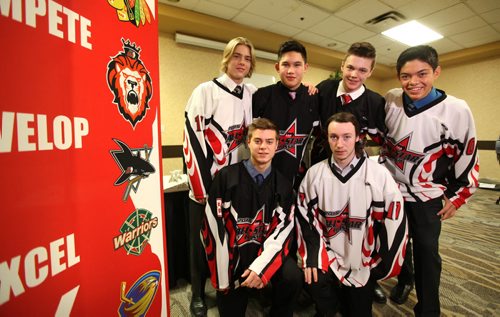 The Winnipeg AAA Hockey Council held a presser Thursday for its annual All-Star Weekend and announcing  this years six selected All-Star Players.  Names from top left: Riley Stotts (blond), Jett Woo, Eric Fawkes, Brayden Clark (far right) and bottom rowTyler Campbell and Nathan Hillis.    Jan 08, 2015 Ruth Bonneville / Winnipeg Free Press