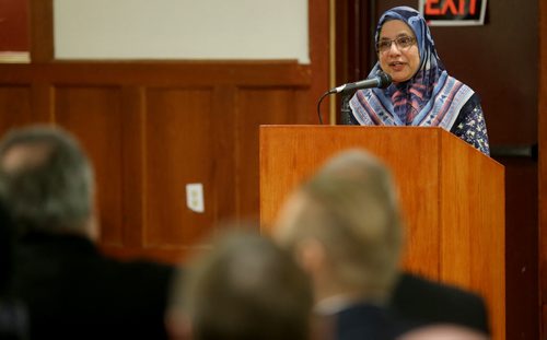 Shahina Siddiqui speaking at Winnipeg Central Mosque as people gathered to stand in solidarity following the recent attacks in Paris, Friday, January 9, 2015. (TREVOR HAGAN/WINNIPEG FREE PRESS)