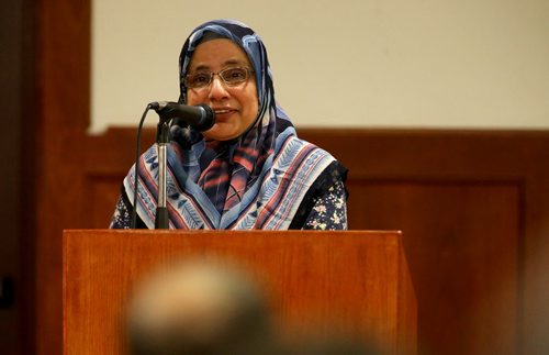 Shahina Siddiqui speaking at Winnipeg Central Mosque as people gathered to stand in solidarity following the recent attacks in Paris, Friday, January 9, 2015. (TREVOR HAGAN/WINNIPEG FREE PRESS)