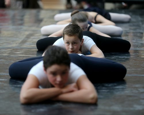 Daniel Borrett, 12, Alexander Luke, 10, Hannah Trickett, 10, and Victoria Bourassa, 13, during a demonstration at Polo Park, Saturday, January 10, 2015. The RWB is holding open auditions January 25 for the schools professional division. It is the final stop on a 16 city audition tour. (TREVOR HAGAN/WINNIPEG FREE PRESS)
