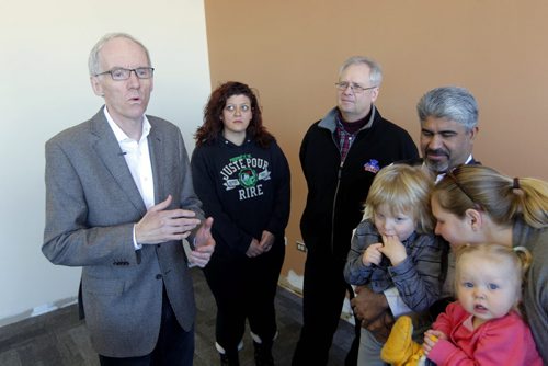 LOCAL NEWS - At the 2nd Floor Chief Peguis Business Centre, Steve Ashton pledges a series of initiatives aimed at renewing the Manitoba New Democratic Party and renewing trust with Manitobans. Here he talks to some supporters. BORIS MINKEVICH /WINNIPEG FREE PRESS. January 12, 2015