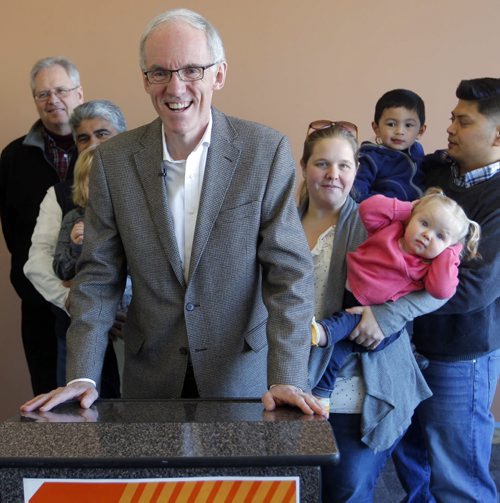 LOCAL NEWS - At the 2nd Floor Chief Peguis Business Centre, Steve Ashton pledges a series of initiatives aimed at renewing the Manitoba New Democratic Party and renewing trust with Manitobans. Here he talks to some supporters. BORIS MINKEVICH /WINNIPEG FREE PRESS. January 12, 2015