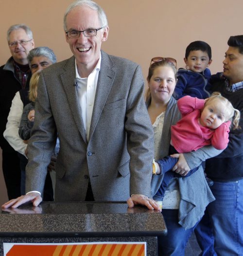 LOCAL NEWS - At the 2nd Floor Chief Peguis Business Centre, Steve Ashton pledges a series of initiatives aimed at renewing the Manitoba New Democratic Party and renewing trust with Manitobans. Here he talks to some supporters. BORIS MINKEVICH /WINNIPEG FREE PRESS. January 12, 2015