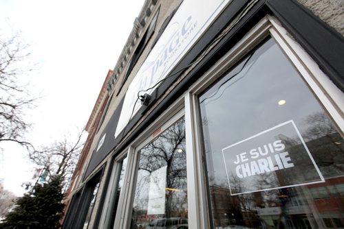 Pic of Je Suis Charlie sign Äì the only sign that owner Gerald Boily will allow in the window of his French book store- the largest carrier of French-language magazines in Manitoba.  See Carol Sanders story.   Jan 13, 2015 Ruth Bonneville / Winnipeg Free Press