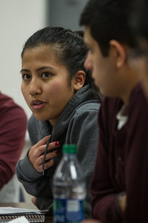 A group of students at Maples Collegiate talk about the results of a community health survey that around 64,000 students took part in. (l-r) Charmaine Mendoza, 18, and Jay Bung, 17. 150113 - Tuesday, January 13, 2015 -  (MIKE DEAL / WINNIPEG FREE PRESS)